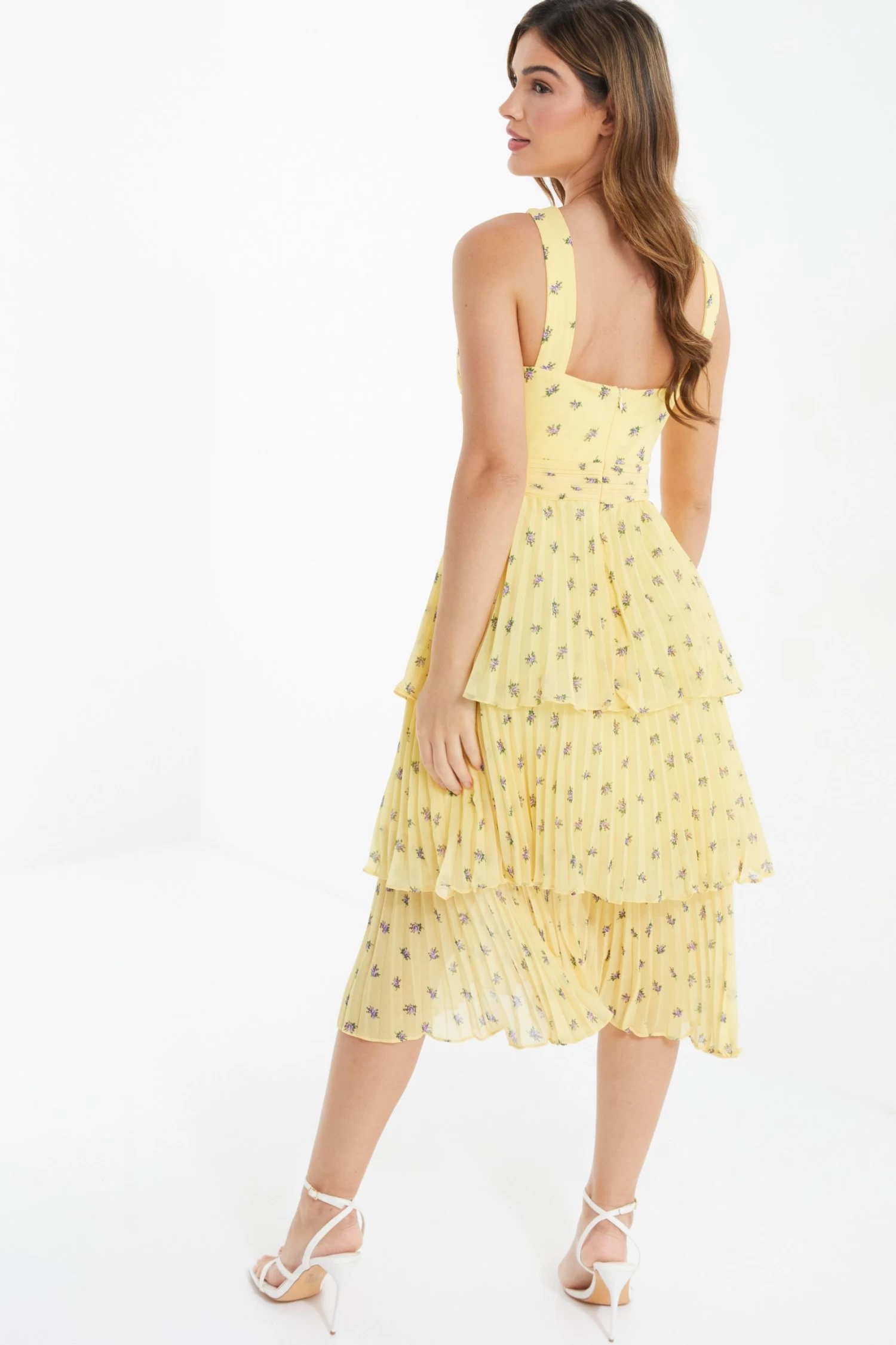 Yellow Chiffon Floral Tiered Midi Dress 3 Yellow Chiffon Floral Tiered Midi Dress - Image 3