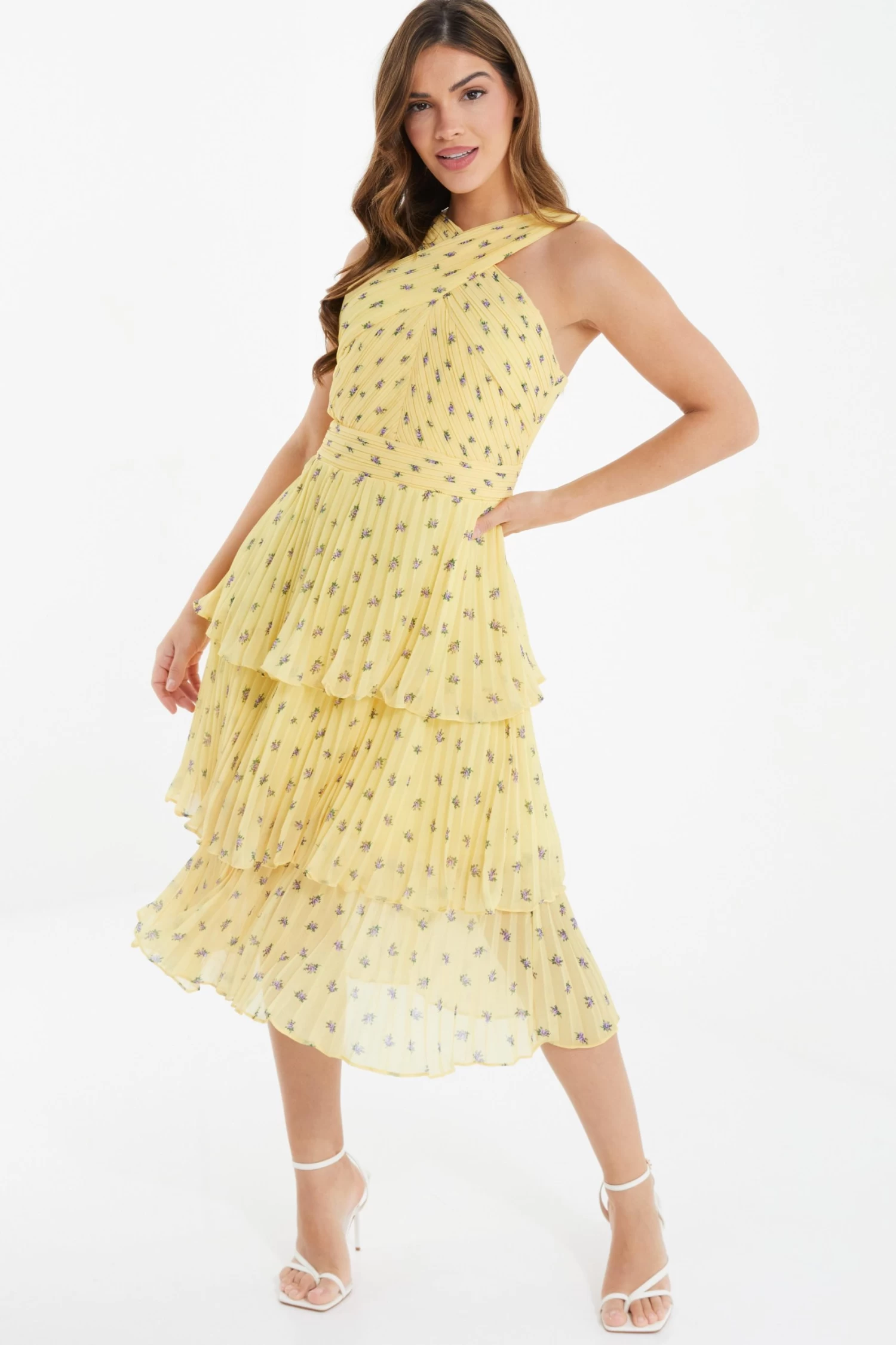 Yellow Chiffon Floral Tiered Midi Dress 2 Yellow Chiffon Floral Tiered Midi Dress - Image 2