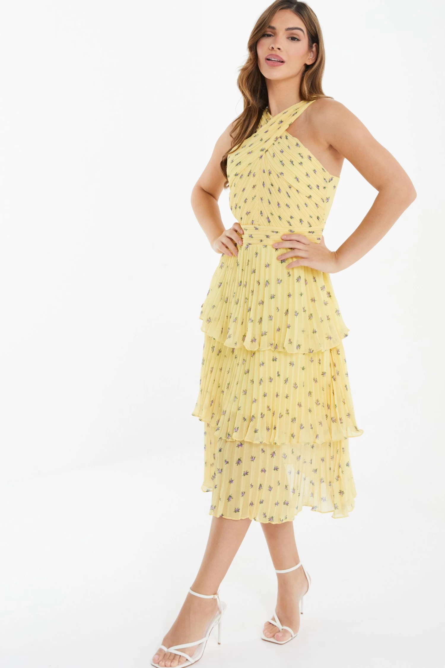 Yellow Chiffon Floral Tiered Midi Dress 4 Yellow Chiffon Floral Tiered Midi Dress - Image 4