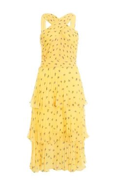 Yellow Chiffon Floral Tiered Midi Dress
