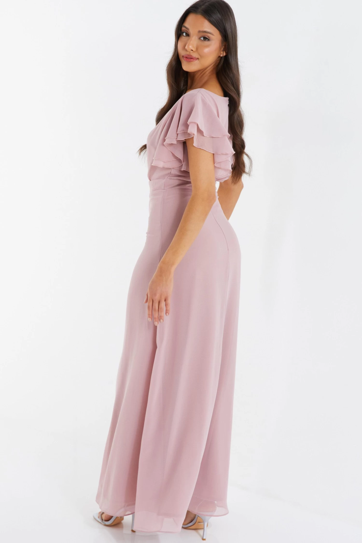 Pink Chiffon Frill Sleeve Maxi Dress 3 Pink Chiffon Frill Sleeve Maxi Dress - Image 3