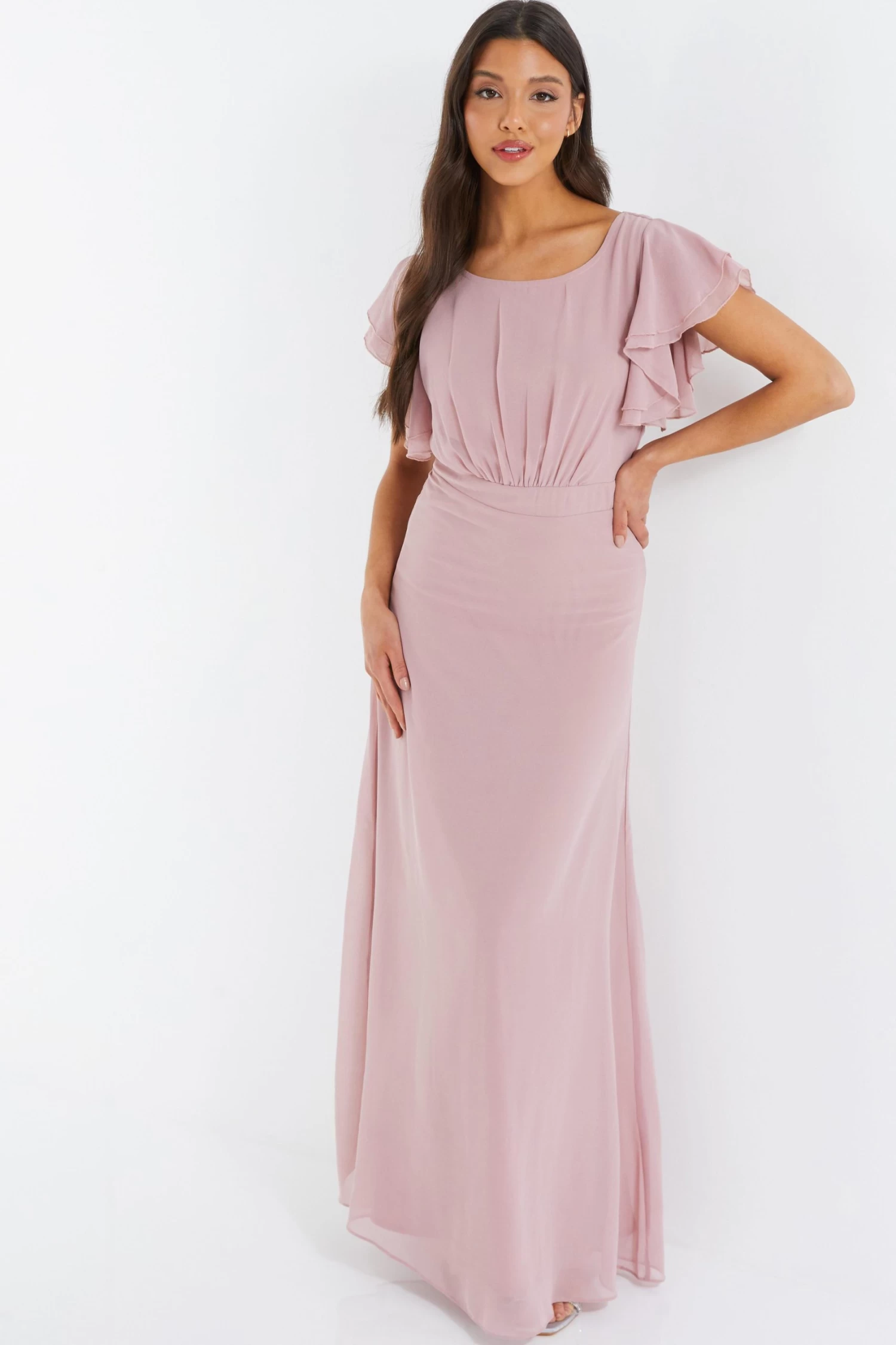 Pink Chiffon Frill Sleeve Maxi Dress 2 Pink Chiffon Frill Sleeve Maxi Dress - Image 2