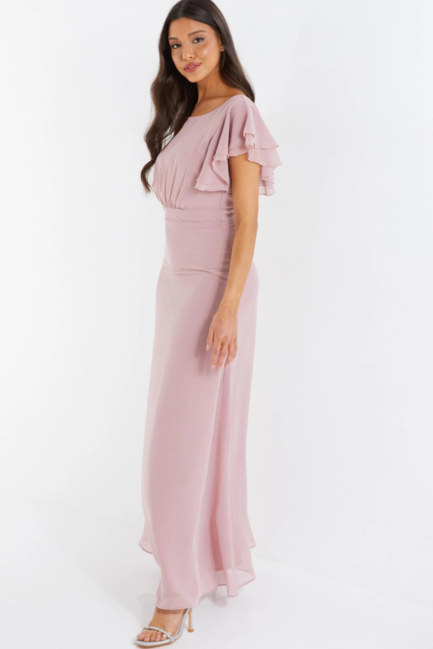 Pink Chiffon Frill Sleeve Maxi Dress 4 Pink Chiffon Frill Sleeve Maxi Dress - Image 4