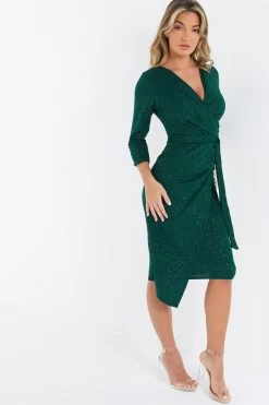 Bottle Green Glitter Wrap Tie Midi Dress 9 Bottle Green Glitter Wrap Tie Midi Dress -Women Clothing Sale 00100036413 XS