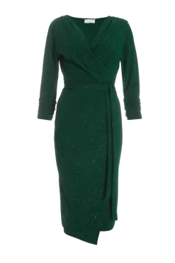 Bottle Green Glitter Wrap Tie Midi Dress