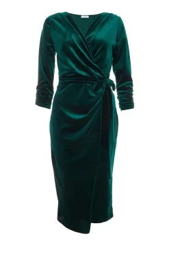 Bottle Green Velvet Wrap Bodycon Midi Dress