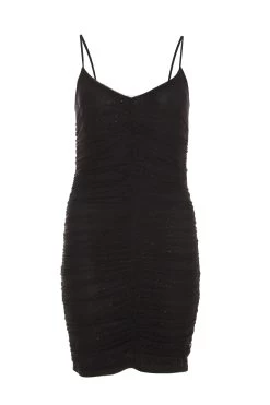 Black Glitter Ruched Bodycon Mini Dress