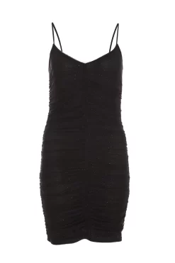 Black Glitter Ruched Bodycon Mini Dress