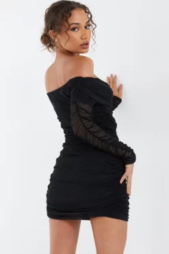 Black Bardot Glitter Ruched Bodycon Mini Dress 8 Black Bardot Glitter Ruched Bodycon Mini Dress -Women Clothing Sale 00100036425 XB scaled