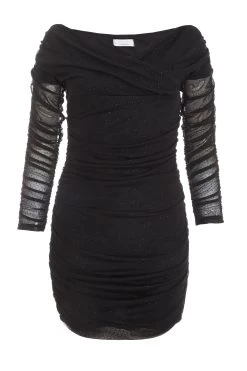Black Bardot Glitter Ruched Bodycon Mini Dress