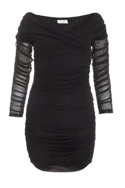 Black Bardot Glitter Ruched Bodycon Mini Dress