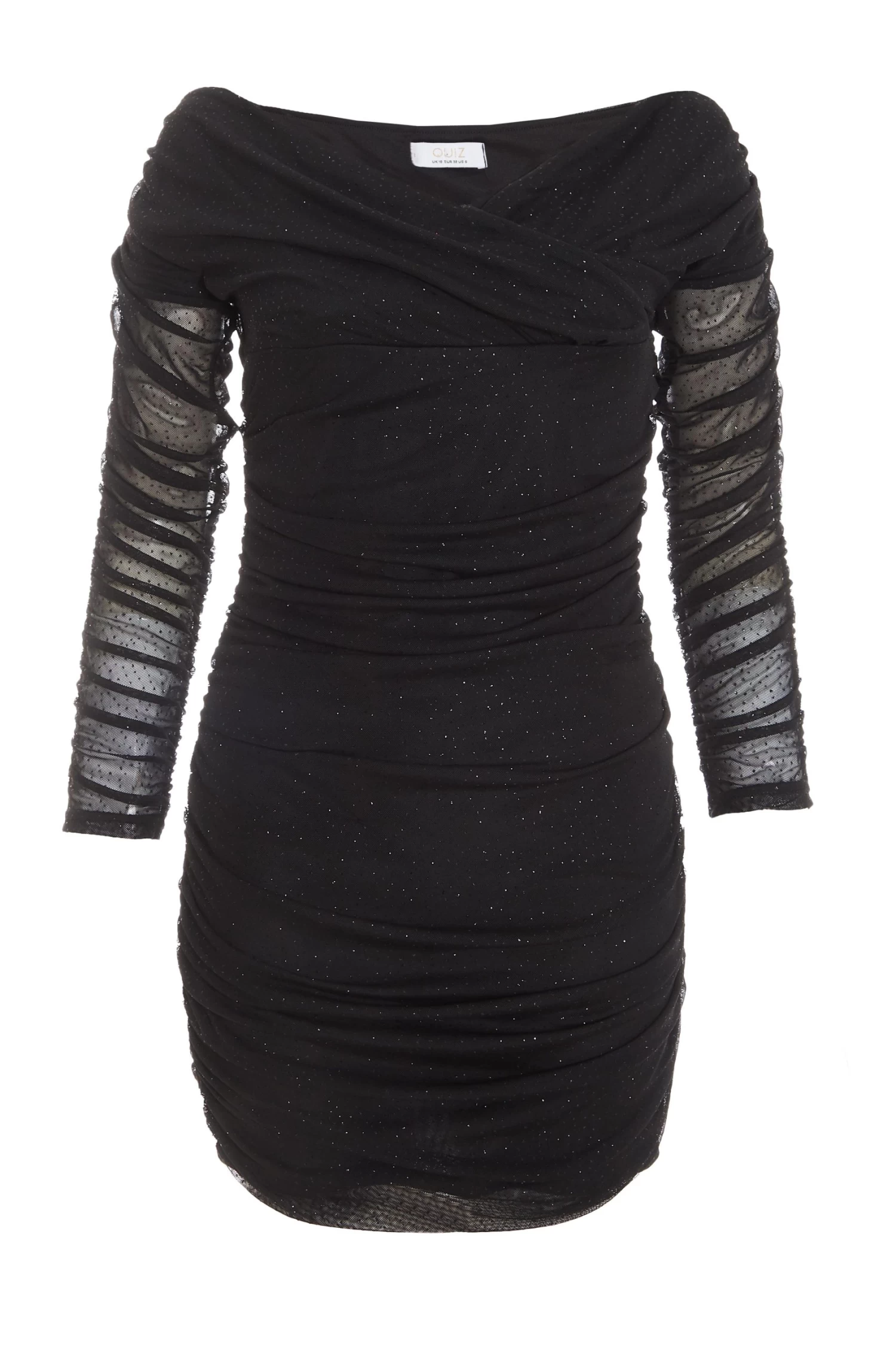Black Bardot Glitter Ruched Bodycon Mini Dress 1 Black Bardot Glitter Ruched Bodycon Mini Dress