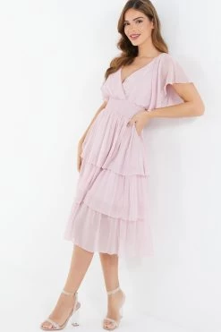 Pink Chiffon Tiered Midi Dress -Women Clothing Sale 00100036432 XS