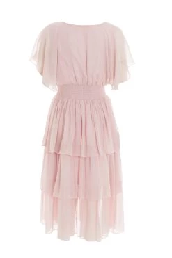 Pink Chiffon Tiered Midi Dress -Women Clothing Sale 00100036432 ZB