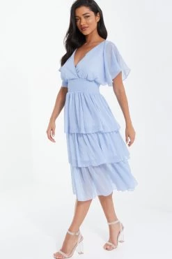 Blue Chiffon Tiered Midi Dress 9 Blue Chiffon Tiered Midi Dress -Women Clothing Sale 00100036433 XS