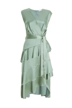 Sage Satin Tiered Midi Dress