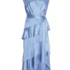 Light Blue Satin Tiered Midi Dress