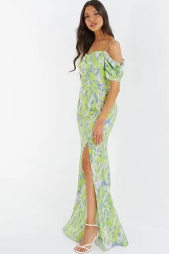 Lime Satin Marble Print Maxi Dress 9 Lime Satin Marble Print Maxi Dress -Women Clothing Sale 00100036444 XS