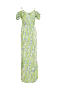 Lime Satin Marble Print Maxi Dress