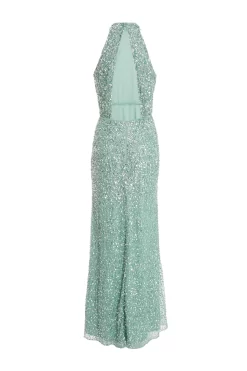 Green Sequin Halter Neck Fishtail Maxi Dress 10 Green Sequin Halter Neck Fishtail Maxi Dress -Women Clothing Sale 00100036446 ZB scaled