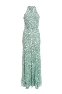 Green Sequin Halter Neck Fishtail Maxi Dress
