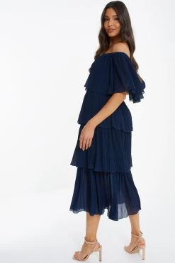 Navy Bardot Pleated Midaxi Dress 8 Navy Bardot Pleated Midaxi Dress -Women Clothing Sale 00100036451 XB