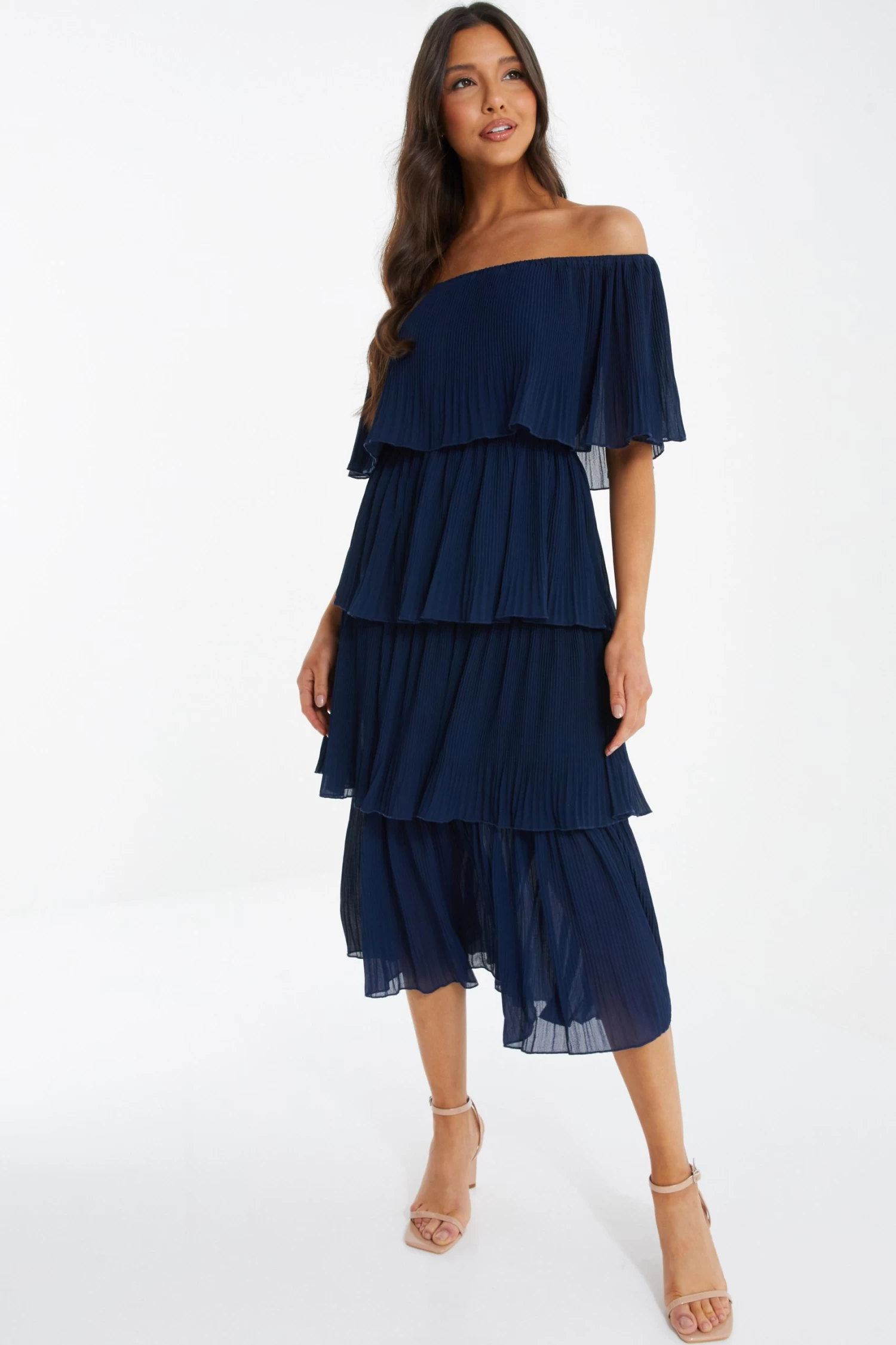 Navy Bardot Pleated Midaxi Dress 2 Navy Bardot Pleated Midaxi Dress - Image 2