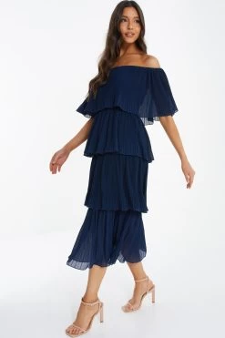 Navy Bardot Pleated Midaxi Dress 9 Navy Bardot Pleated Midaxi Dress -Women Clothing Sale 00100036451 XS