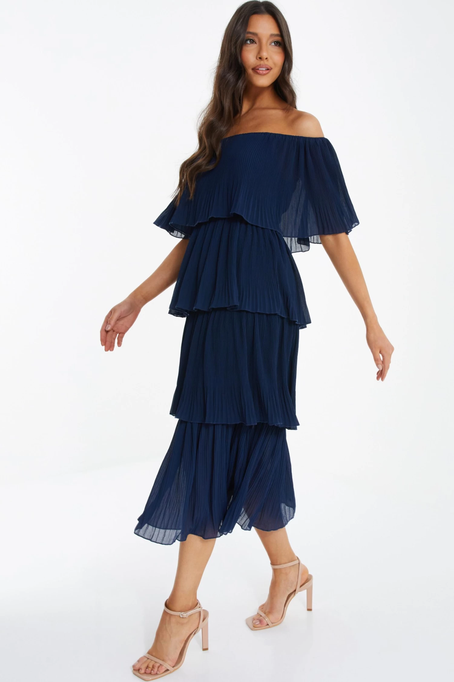 Navy Bardot Pleated Midaxi Dress 4 Navy Bardot Pleated Midaxi Dress - Image 4