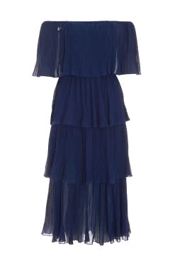 Navy Bardot Pleated Midaxi Dress
