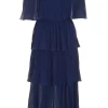 Navy Bardot Pleated Midaxi Dress