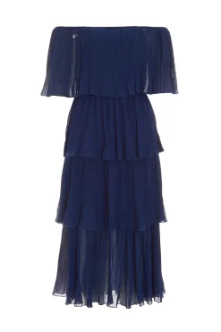 Navy Bardot Pleated Midaxi Dress