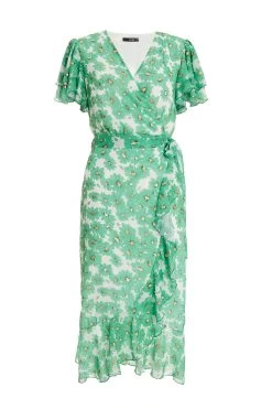 Green Chiffon Floral Wrap Midi Dress