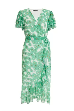 Green Chiffon Floral Wrap Midi Dress
