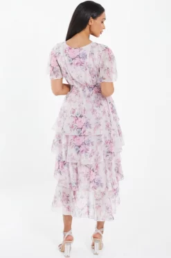 Pink Chiffon Floral Dip Hem Tiered Midi Dress 8 Pink Chiffon Floral Dip Hem Tiered Midi Dress -Women Clothing Sale 00100036467 XB scaled