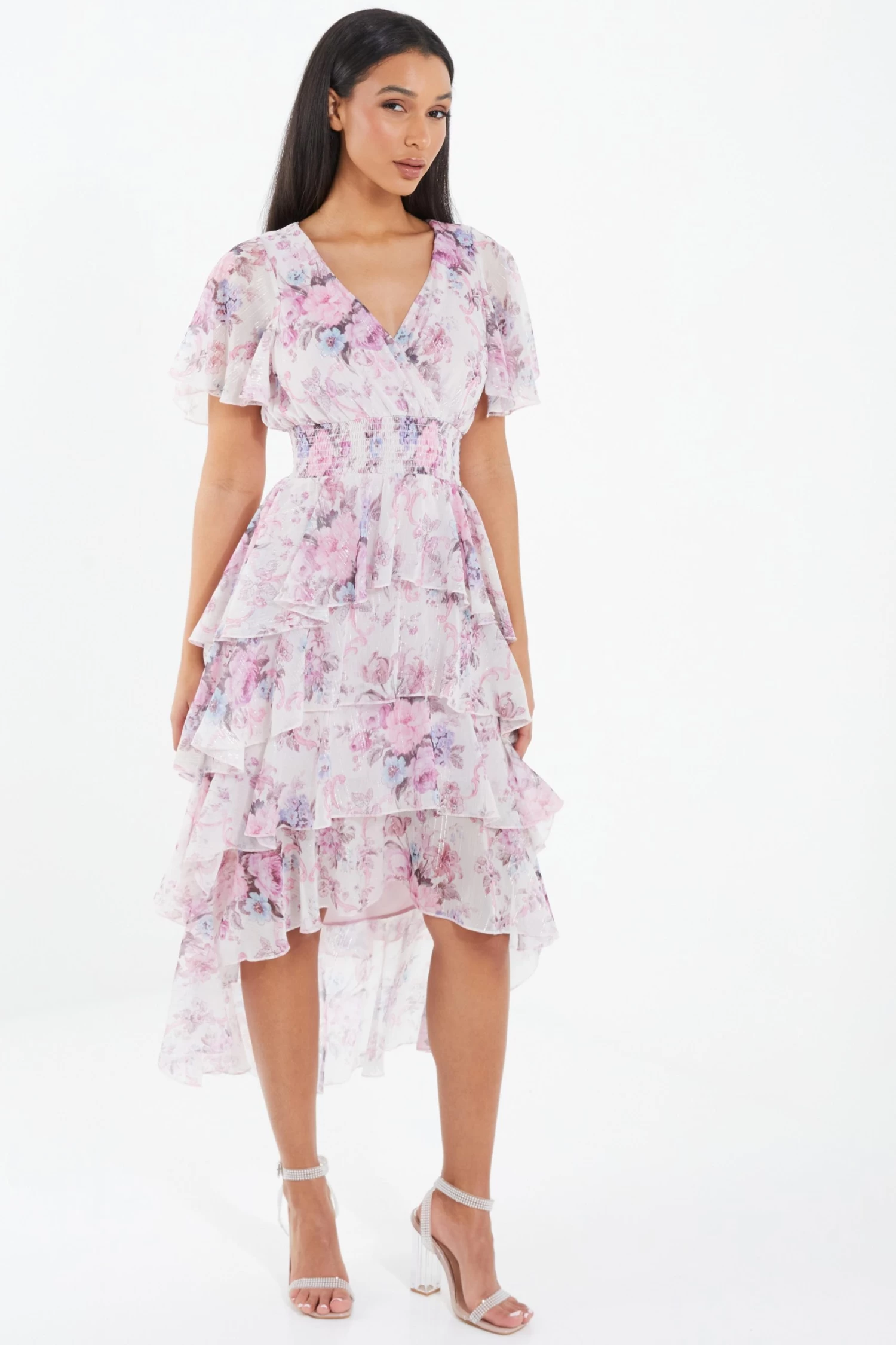 Pink Chiffon Floral Dip Hem Tiered Midi Dress 2 Pink Chiffon Floral Dip Hem Tiered Midi Dress - Image 2