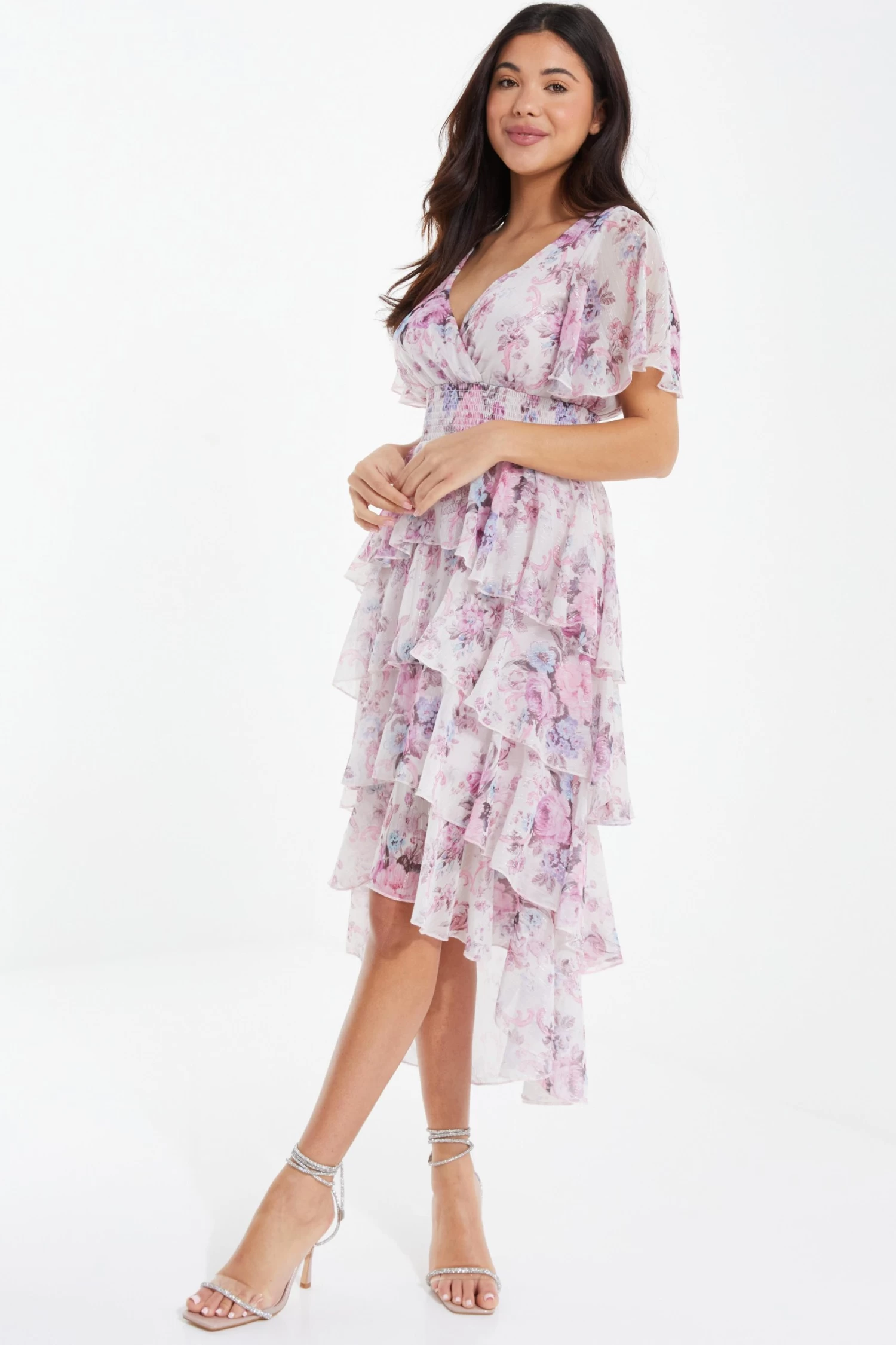 Pink Chiffon Floral Dip Hem Tiered Midi Dress 4 Pink Chiffon Floral Dip Hem Tiered Midi Dress - Image 4