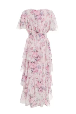 Pink Chiffon Floral Dip Hem Tiered Midi Dress 10 Pink Chiffon Floral Dip Hem Tiered Midi Dress -Women Clothing Sale 00100036467 ZB scaled