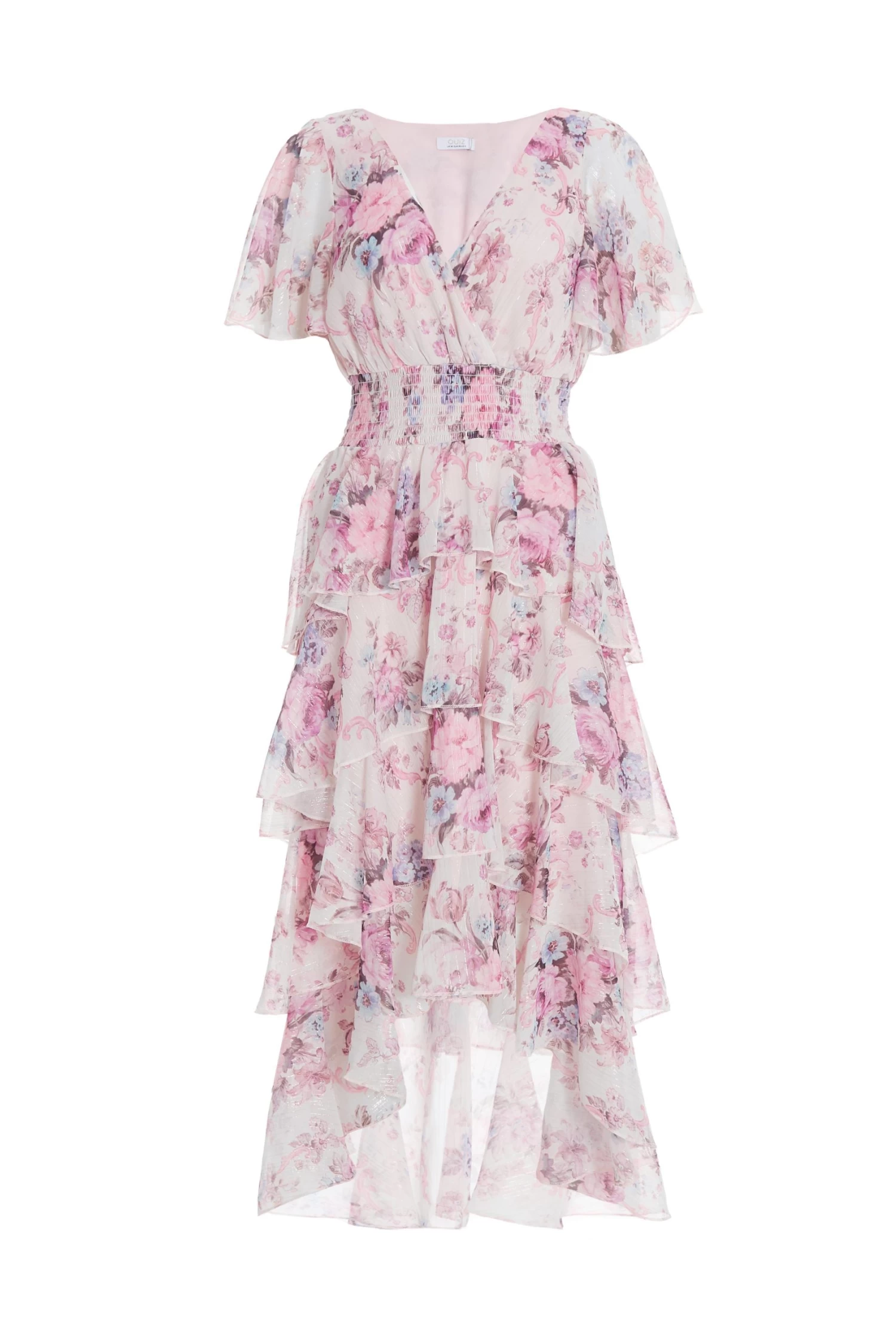 Pink Chiffon Floral Dip Hem Tiered Midi Dress 1 Pink Chiffon Floral Dip Hem Tiered Midi Dress
