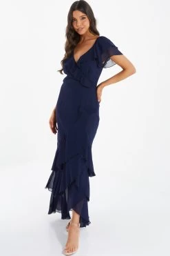 Navy Chiffon Frill Maxi Dress 9 Navy Chiffon Frill Maxi Dress -Women Clothing Sale 00100036490 XS