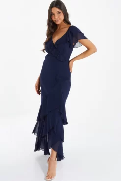 Navy Chiffon Frill Maxi Dress 9 Navy Chiffon Frill Maxi Dress -Women Clothing Sale 00100036490 XS scaled