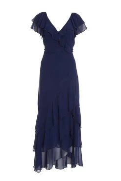 Navy Chiffon Frill Maxi Dress
