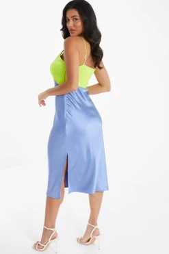 Blue Satin V Neck Midi Dress 8 Blue Satin V Neck Midi Dress -Women Clothing Sale 00100036493 XB