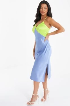 Blue Satin V Neck Midi Dress 9 Blue Satin V Neck Midi Dress -Women Clothing Sale 00100036493 XS