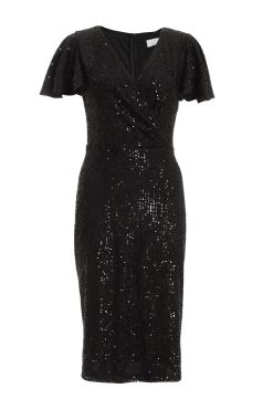 Black Sequin Wrap Midi Dress