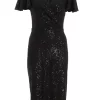 Black Sequin Wrap Midi Dress