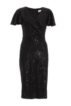 Black Sequin Wrap Midi Dress