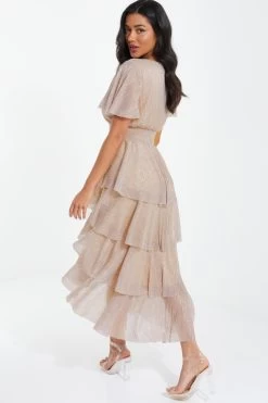 Champagne Chiffon Glitter Tiered Midi Dress -Women Clothing Sale 00100036518 XB