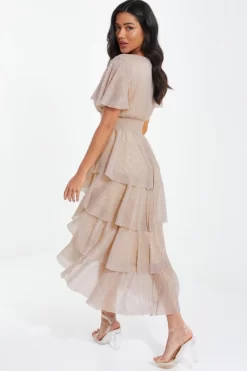 Champagne Chiffon Glitter Tiered Midi Dress -Women Clothing Sale 00100036518 XB scaled