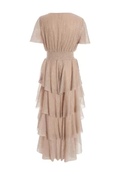 Champagne Chiffon Glitter Tiered Midi Dress -Women Clothing Sale 00100036518 ZB scaled